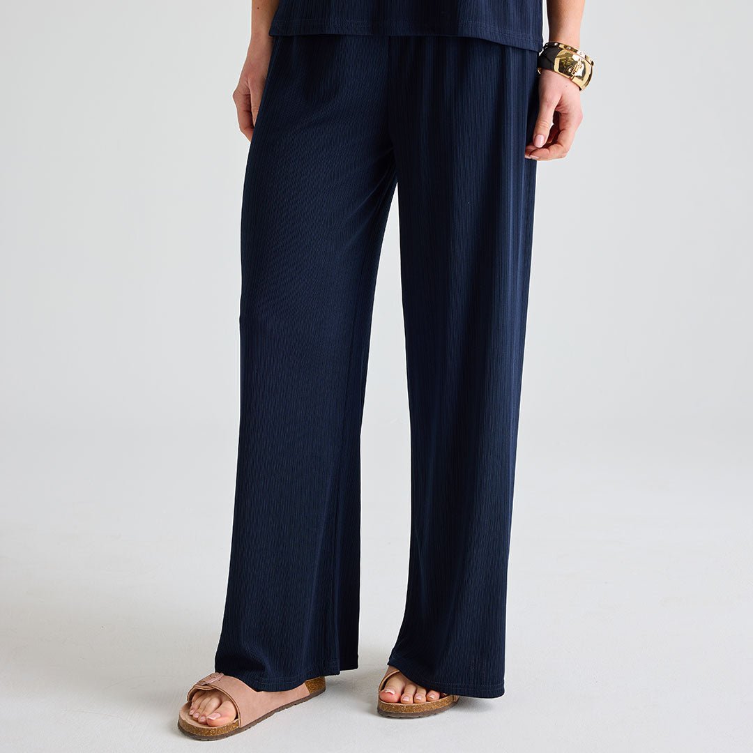 Ladies Navy Plisse Ribbed Trouser from You Know Who's