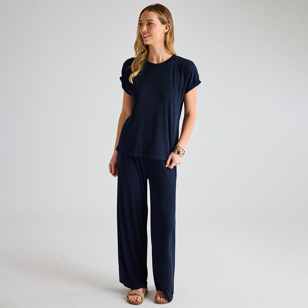 Ladies Navy Plisse Ribbed Trouser from You Know Who's