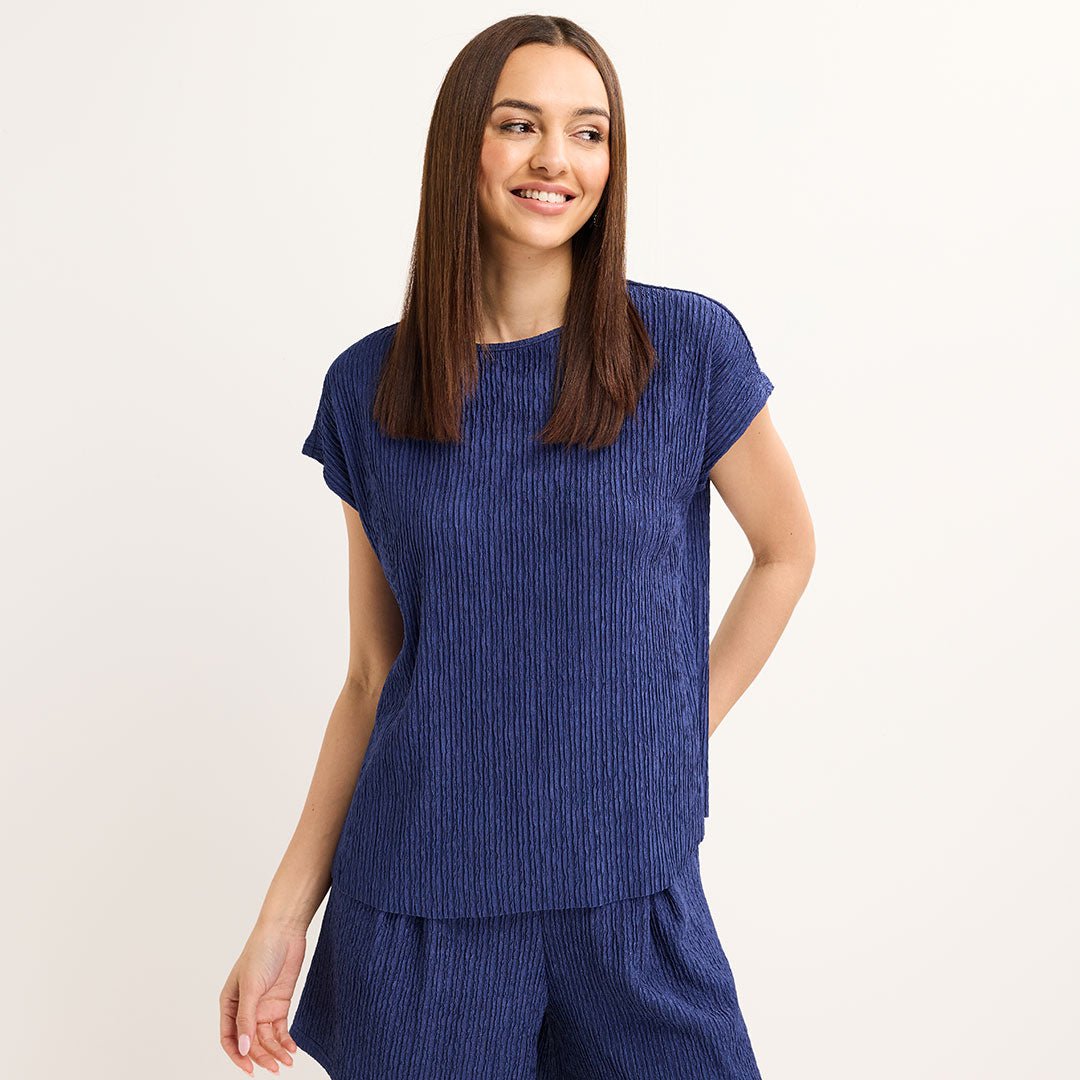 Ladies Navy Plisse Top from You Know Who's