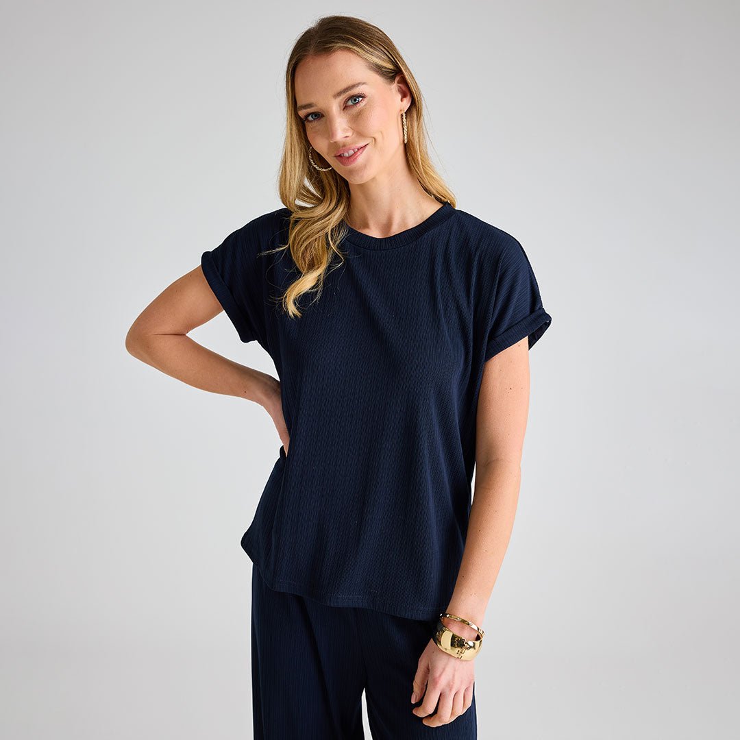 Ladies Navy Plisse Top from You Know Who's