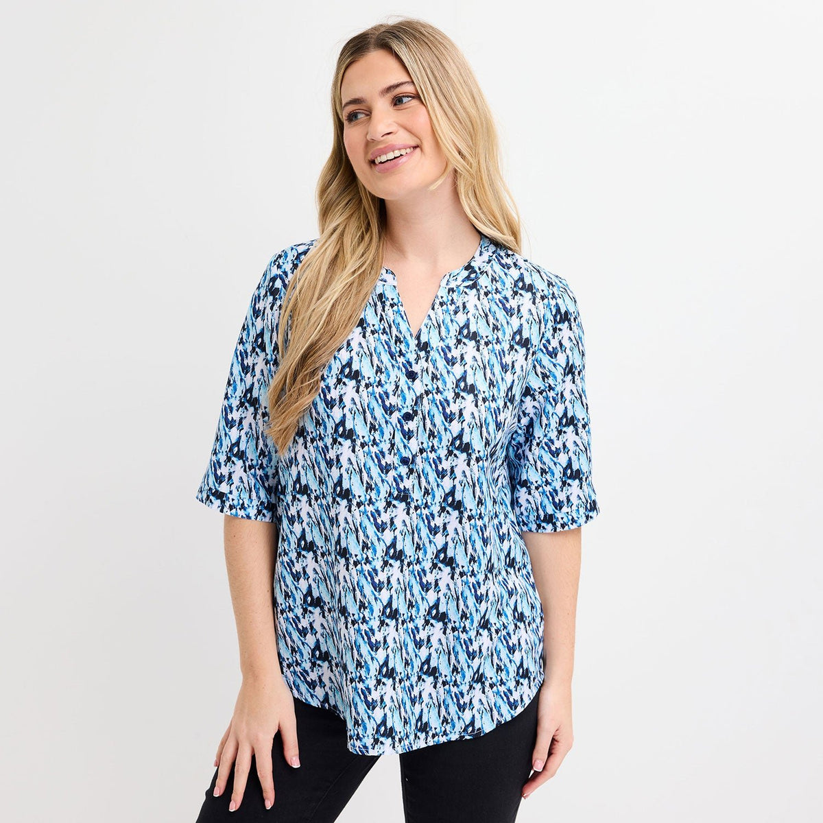 Ladies Navy Printed V - neck Buttoned Blouse from You Know Who's
