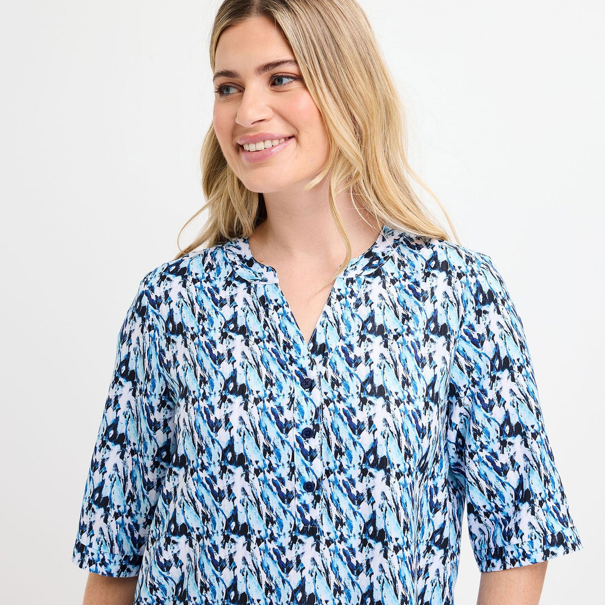 Ladies Navy Printed V - neck Buttoned Blouse from You Know Who's