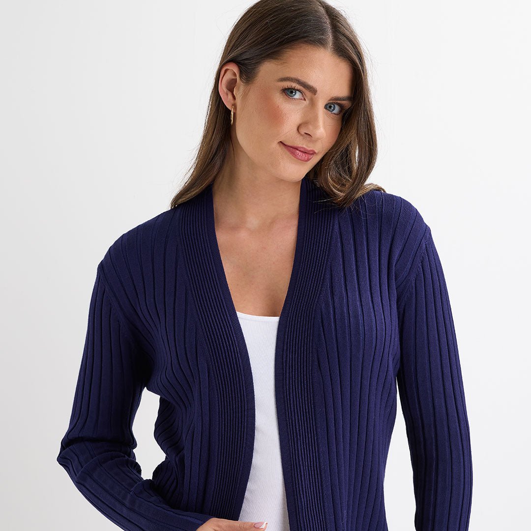 Ladies Navy Ribbed Open Front Cardigan from You Know Who's
