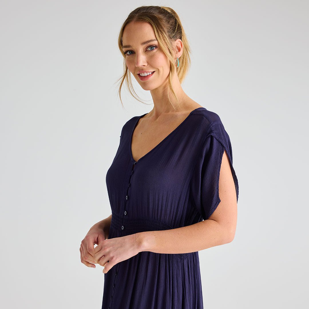 Ladies Navy V Neck Crinkle Dress from You Know Who's