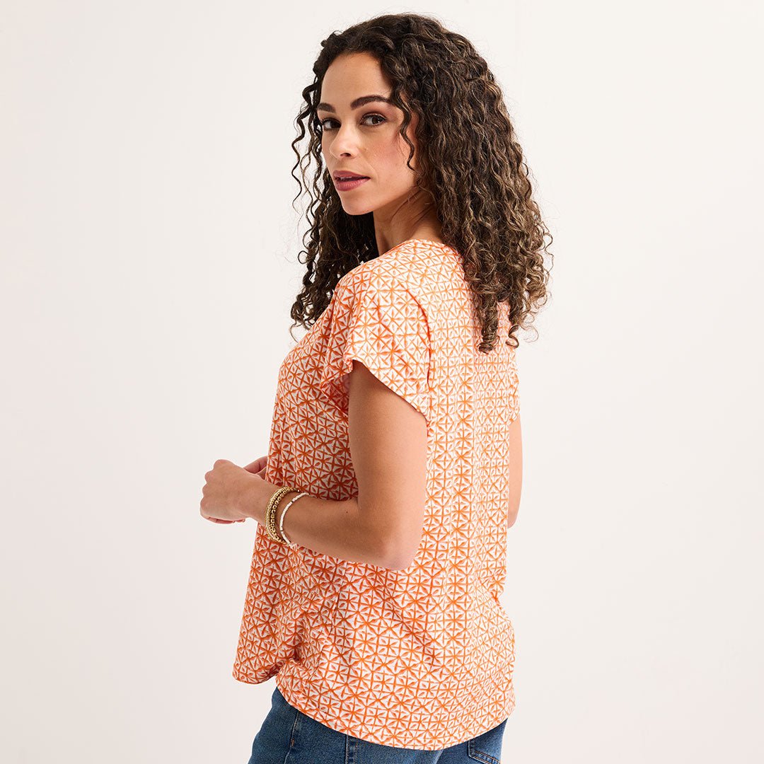 Ladies Orange Tile Notch Neck Top from You Know Who's