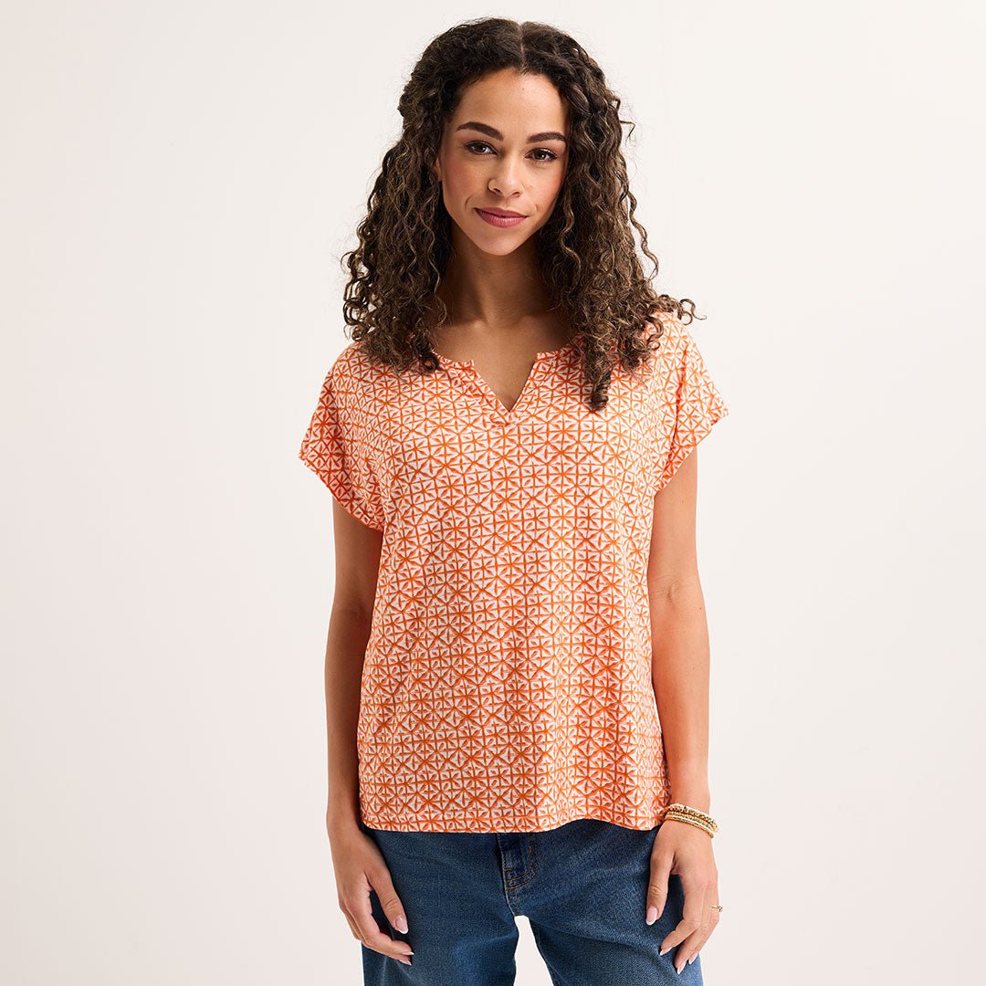 Ladies Orange Tile Notch Neck Top from You Know Who's