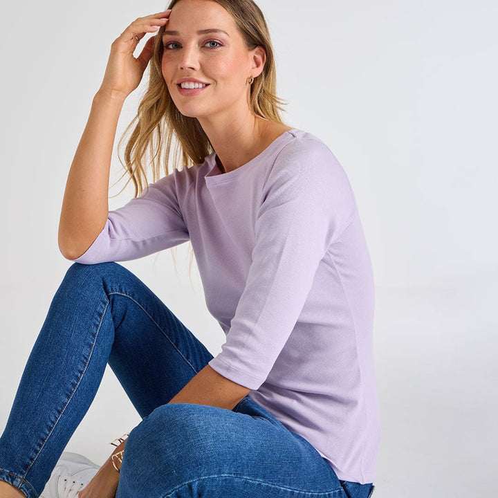 Ladies Pastel Lilac 3/4 Sleeve Slash Neck Top from You Know Who's