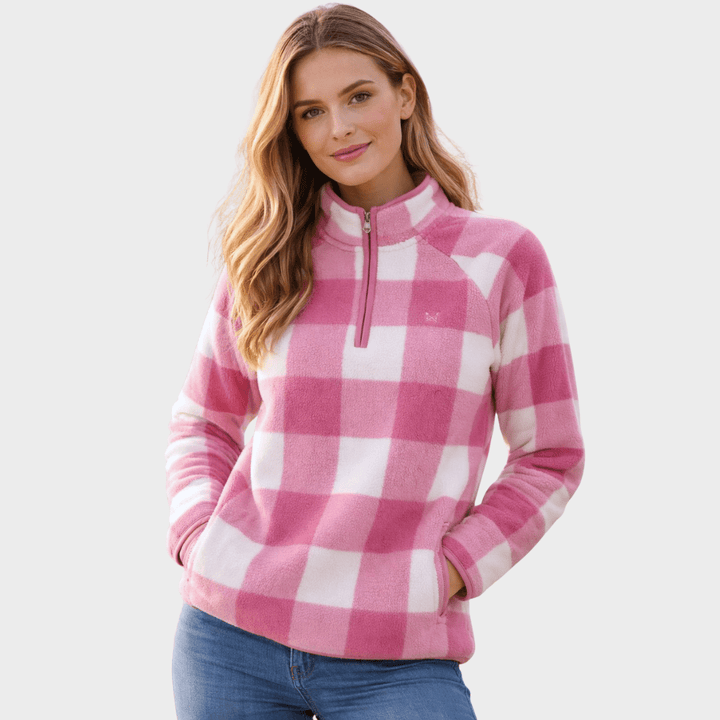 Ladies Pink Check Crew 1/4 Zip Fleece from You Know Who's
