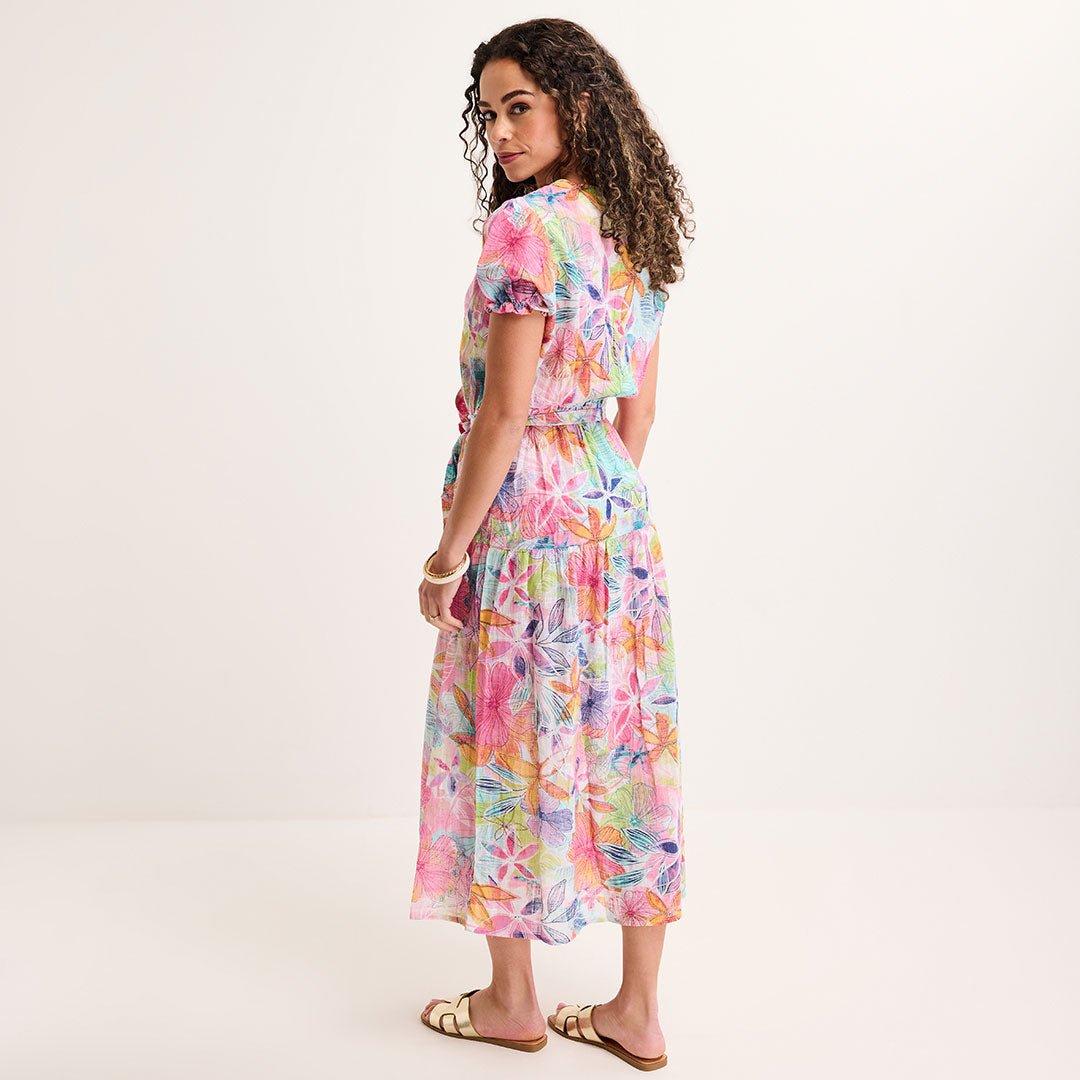 Ladies Pink Floral Floral V Neck Tie Waist Maxi Dress from You Know Who's