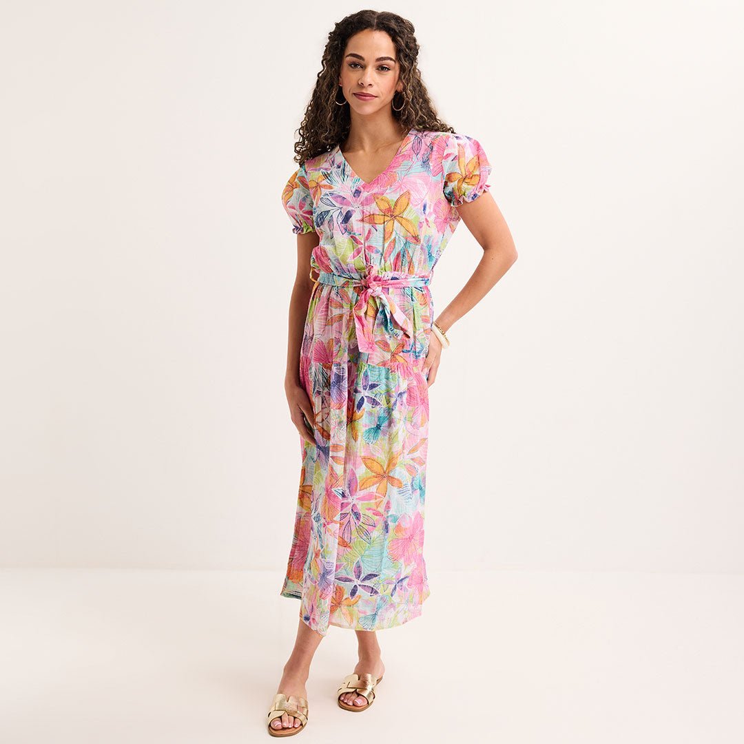Ladies Pink Floral Floral V Neck Tie Waist Maxi Dress from You Know Who's