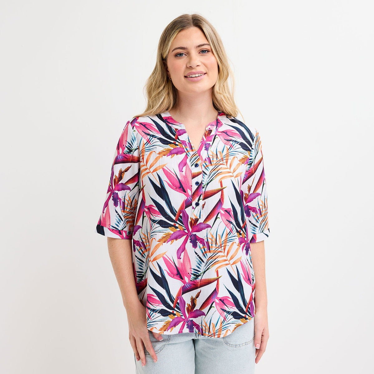 Ladies Pink Printed V - neck Buttoned Blouse from You Know Who's