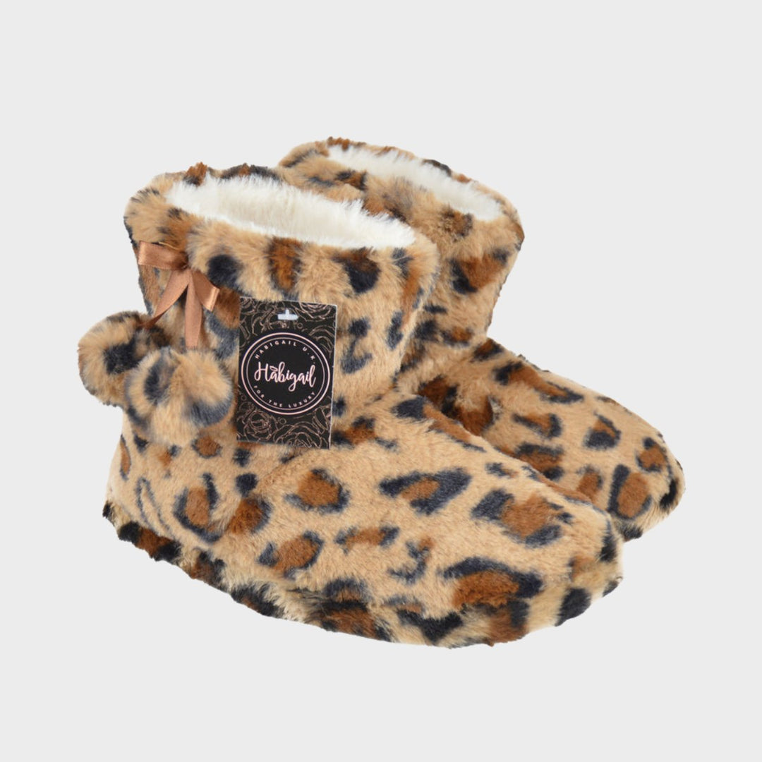 Ladies Plush Leopard Bootie Slipper from You Know Who's