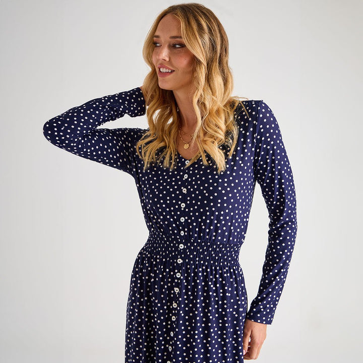 Ladies Polka Dot V Neck Button Dress from You Know Who's