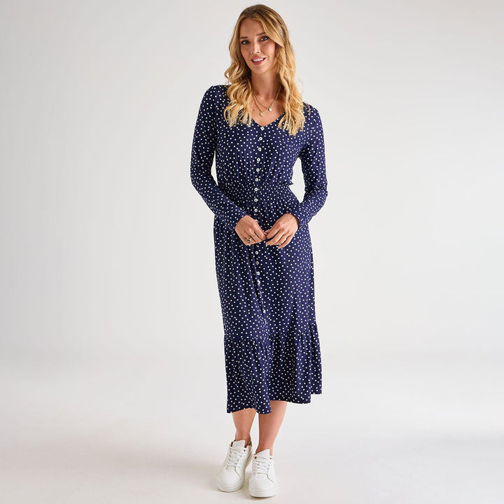 Ladies Polka Dot V Neck Button Dress from You Know Who's