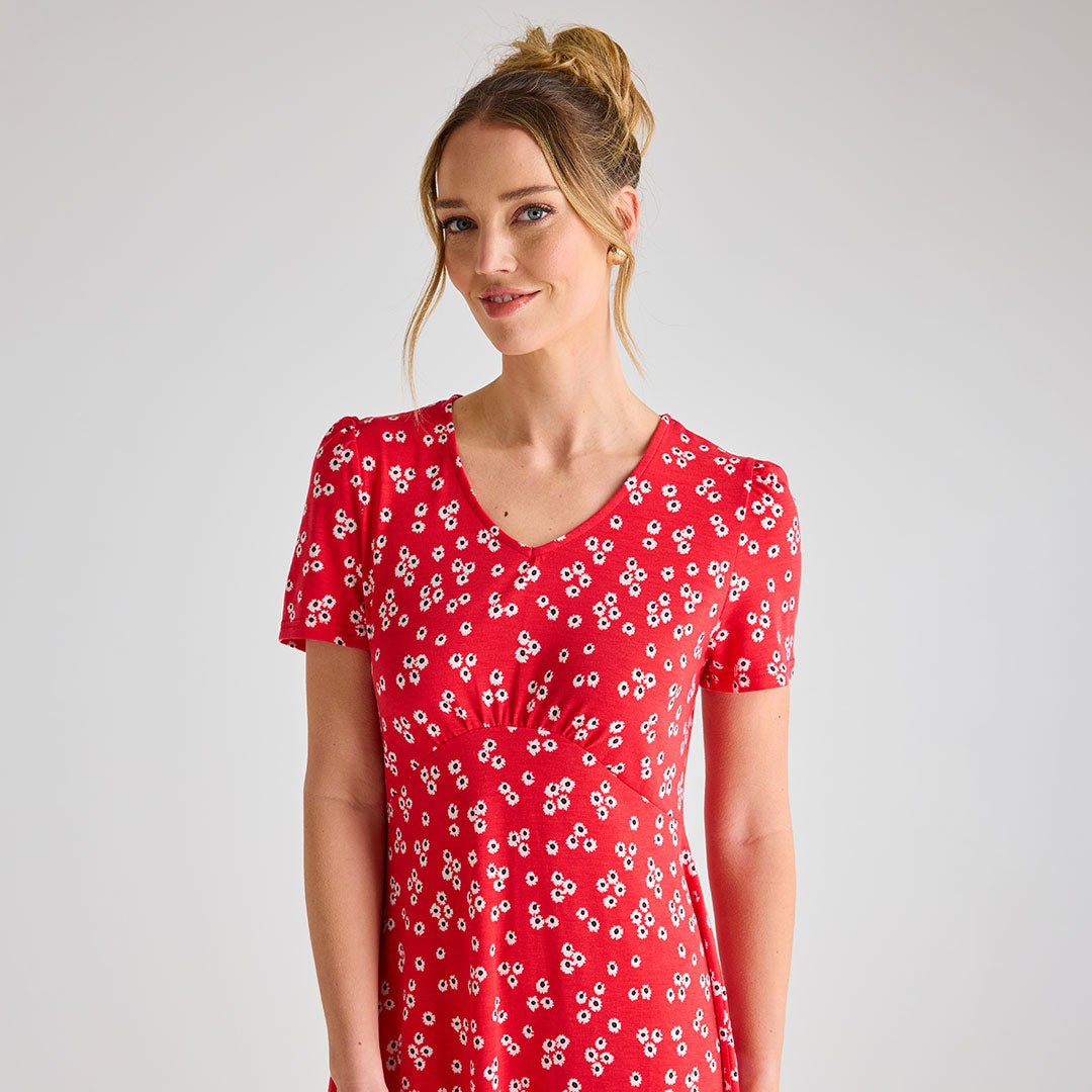 Ladies Red Ditsy Floral V - Neck Printed Dress from You Know Who's