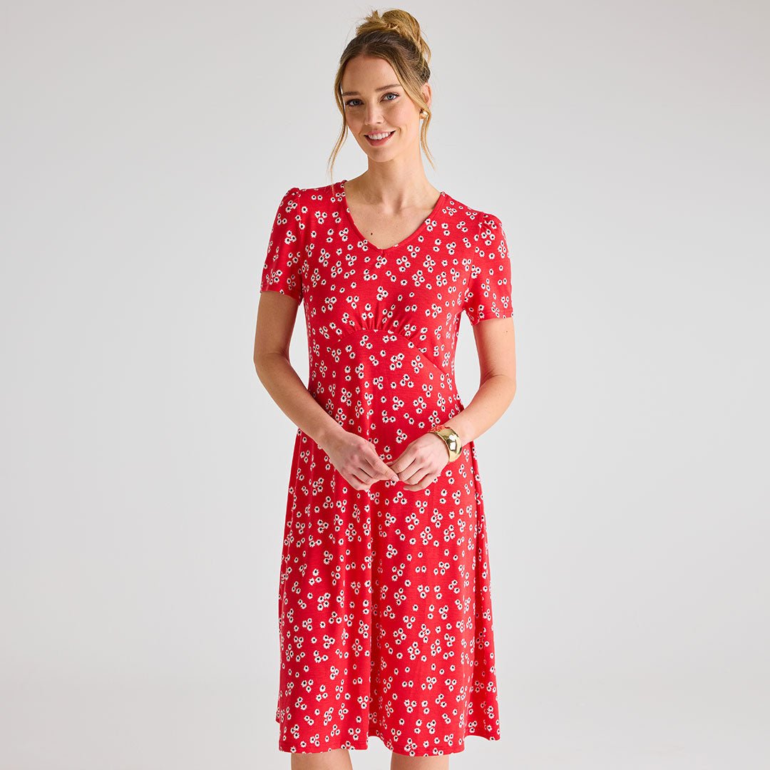 Ladies Red Ditsy Floral V - Neck Printed Dress from You Know Who's