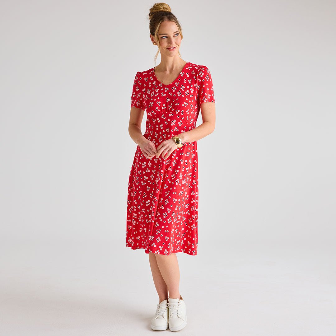 Ladies Red Ditsy Floral V - Neck Printed Dress from You Know Who's