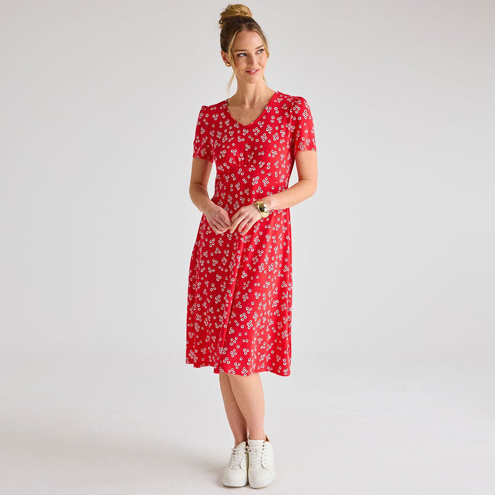 Ladies Red Ditsy Floral V - Neck Printed Dress from You Know Who's