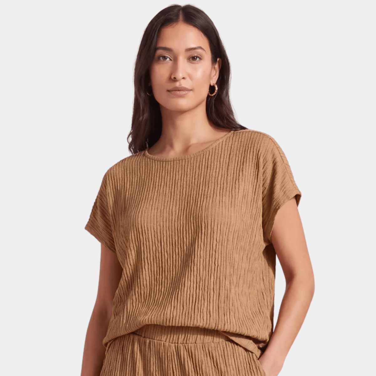 Ladies Tan Plisse Top from You Know Who's