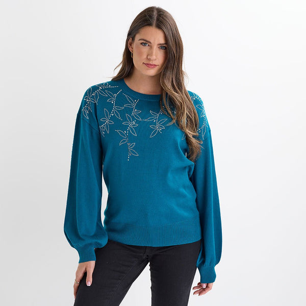 Ladies Teal Beaded Flower Jumper from You Know Who's