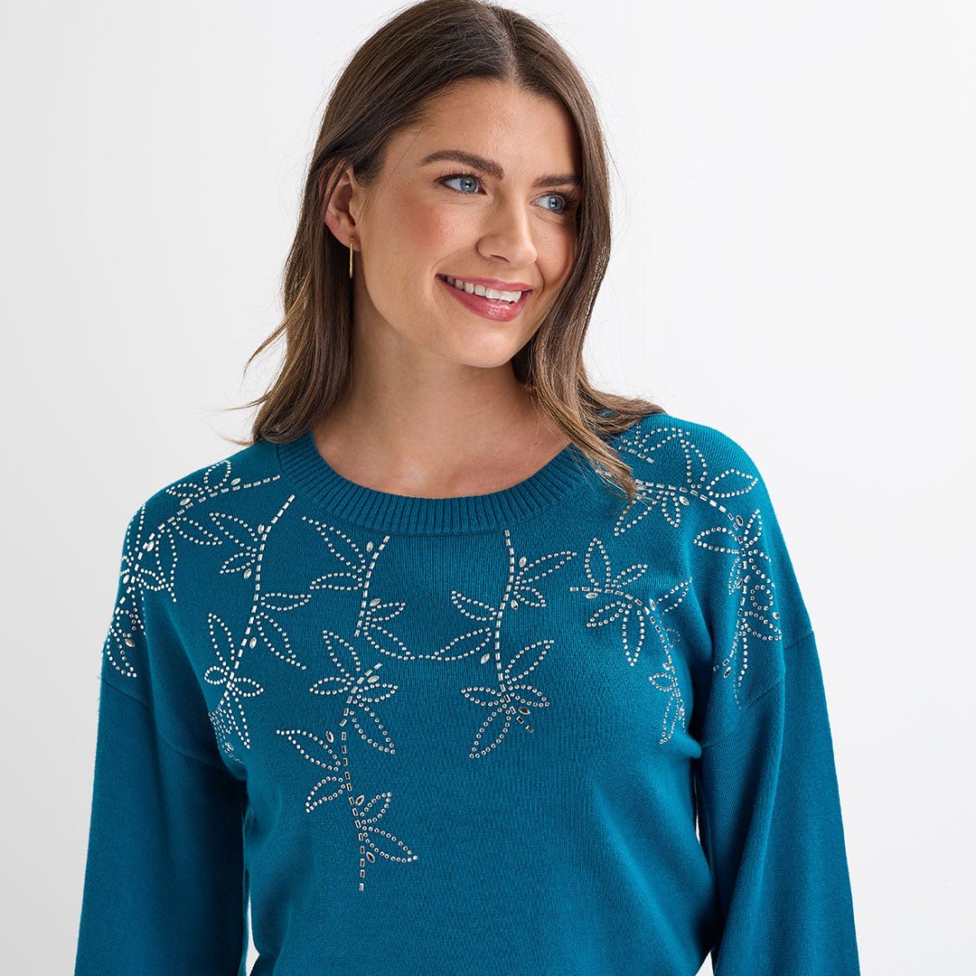 Ladies Teal Beaded Flower Jumper from You Know Who's