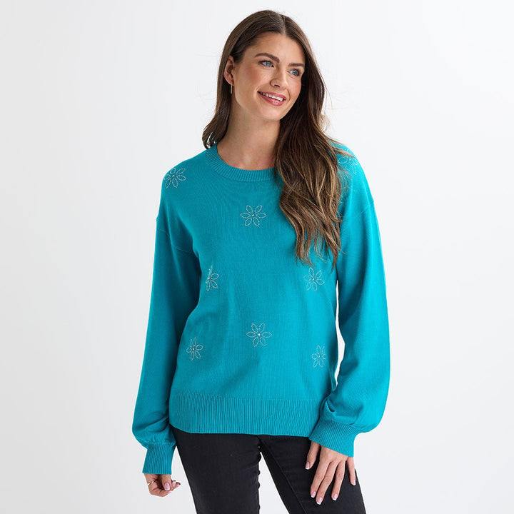 Ladies Teal Flower Jumper from You Know Who's