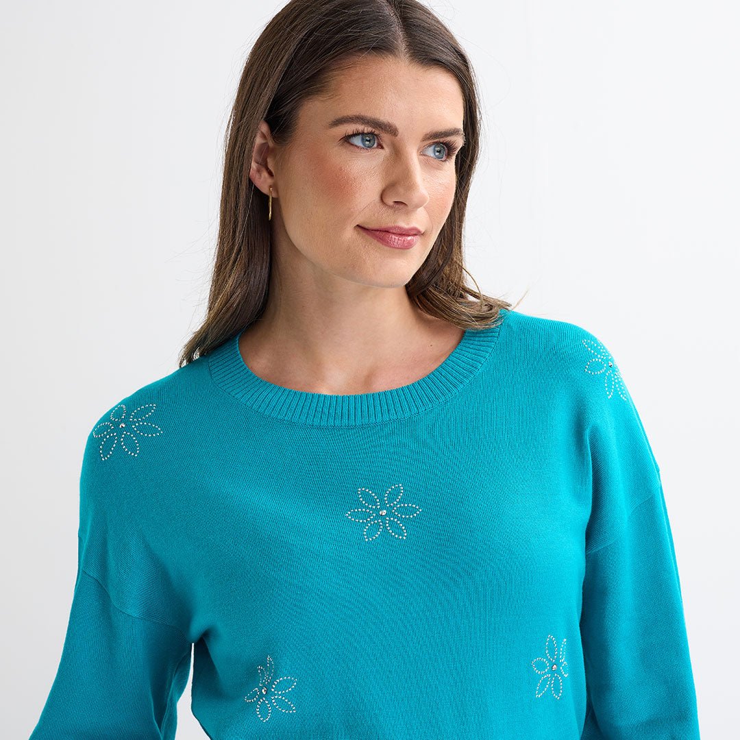 Ladies Teal Flower Jumper from You Know Who's