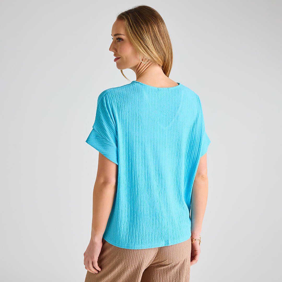 Ladies Turquoise Plisse Tie Front Top from You Know Who's