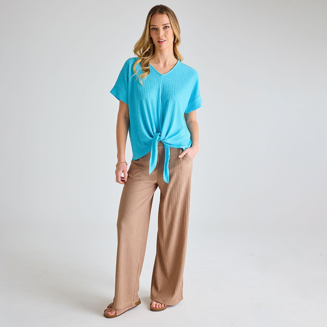 Ladies Turquoise Plisse Tie Front Top from You Know Who's