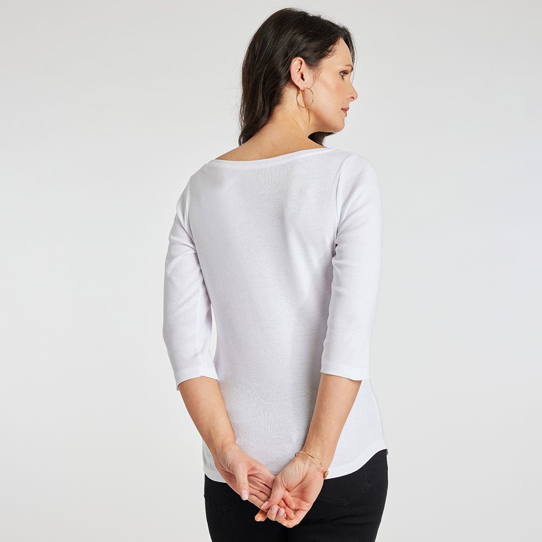 Ladies White 3/4 Sleeve Slash Neck Top from You Know Who's