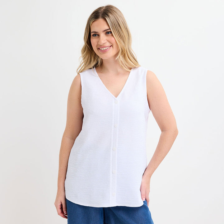 Ladies White Button Front Sleeveless Top from You Know Who's