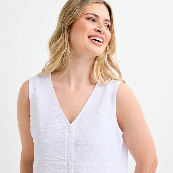 Ladies White Button Front Sleeveless Top from You Know Who's