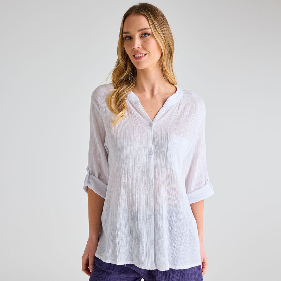 Ladies White Crinkle Button Through Shirt from You Know Who's