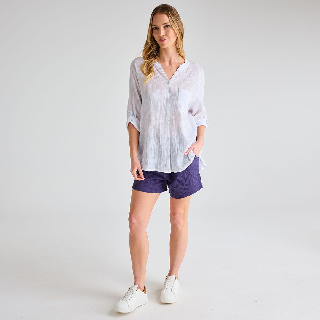 Ladies White Crinkle Button Through Shirt from You Know Who's