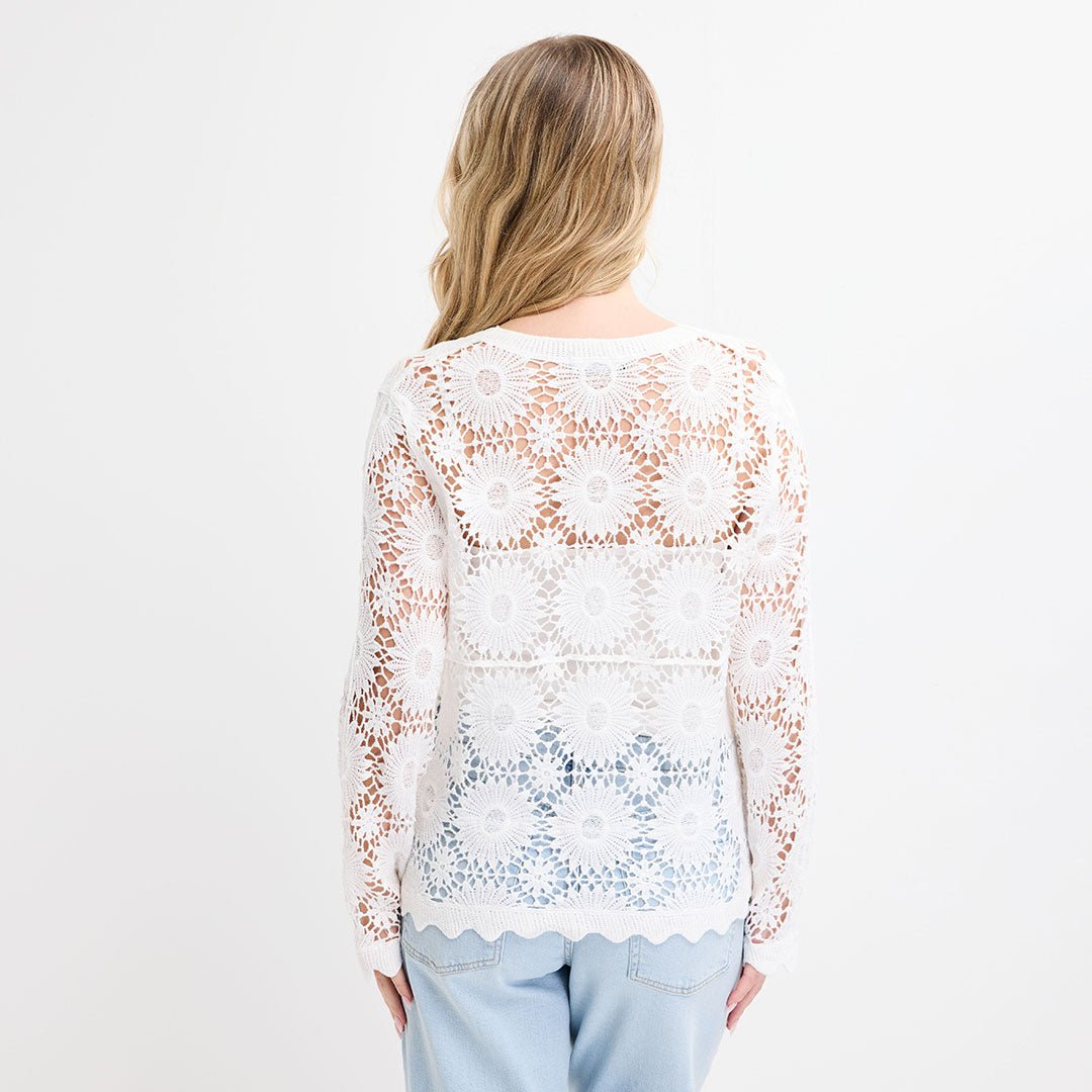Ladies White Crochet Scallop Edge to Edge Cardigan from You Know Who's