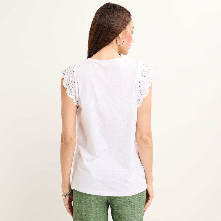 Ladies White Frill Sleeve Cotton Slub Tee from You Know Who's