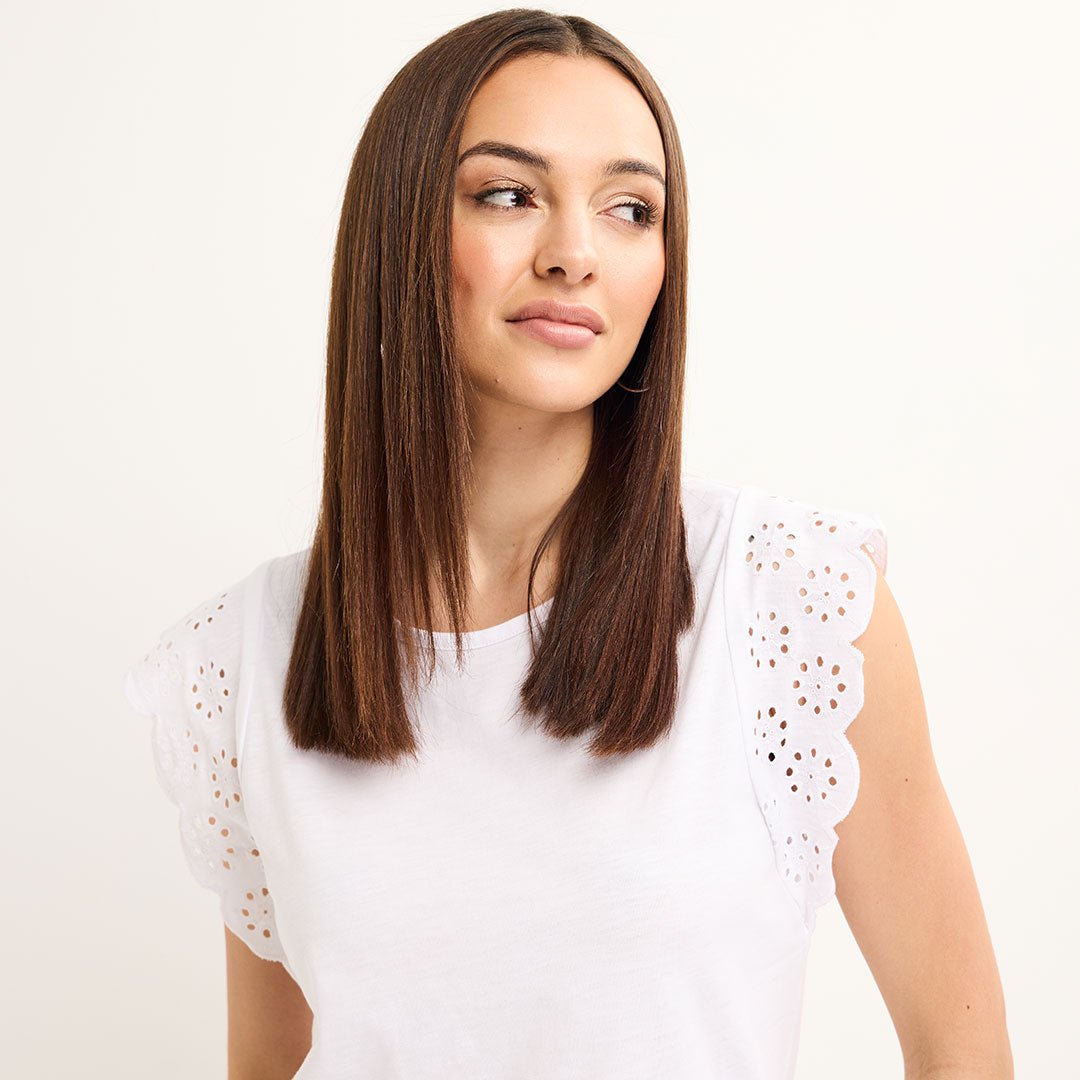 Ladies White Frill Sleeve Cotton Slub Tee from You Know Who's