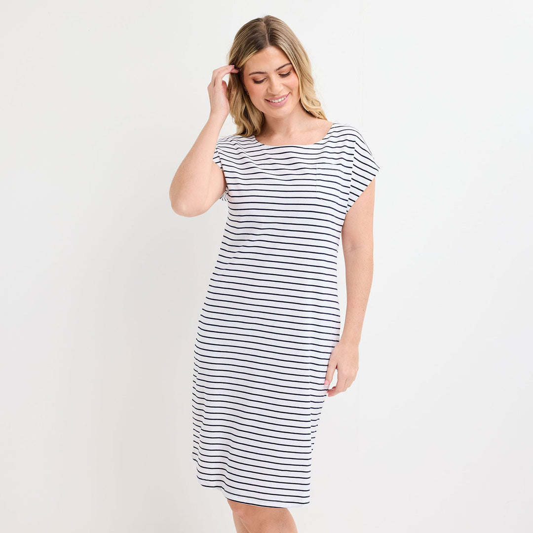 Ladies White/Navy Yarn Dye Stripe Dress from You Know Who's
