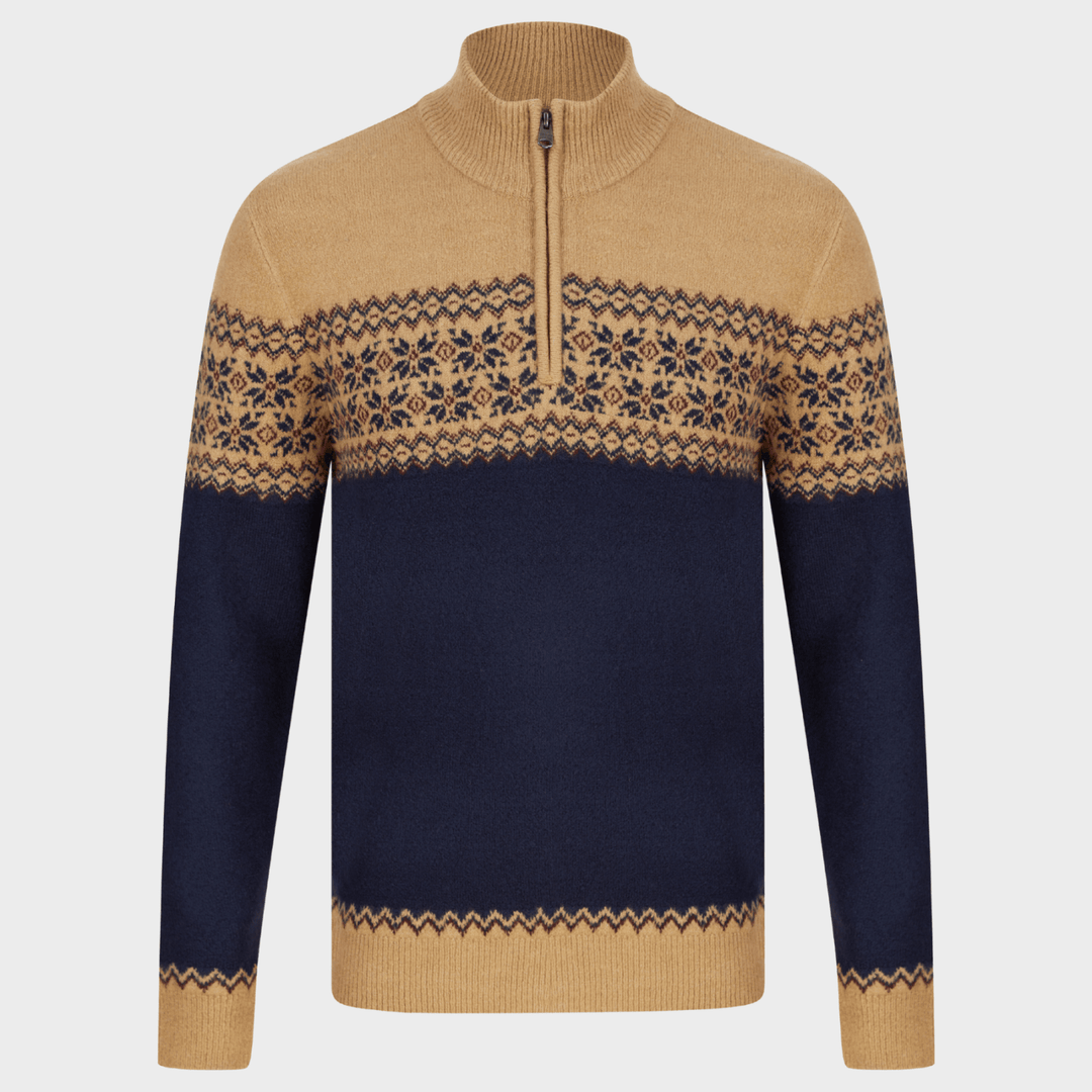 Mens Camel Jacquard 1/4 Zip Jumper from You Know Who's