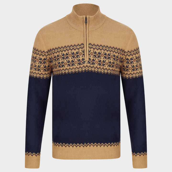 Mens Camel Jacquard 1/4 Zip Jumper from You Know Who's