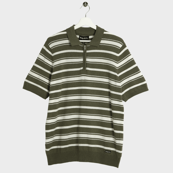 Mens Sage Green Stripe Zip Neck Polo from You Know Who's