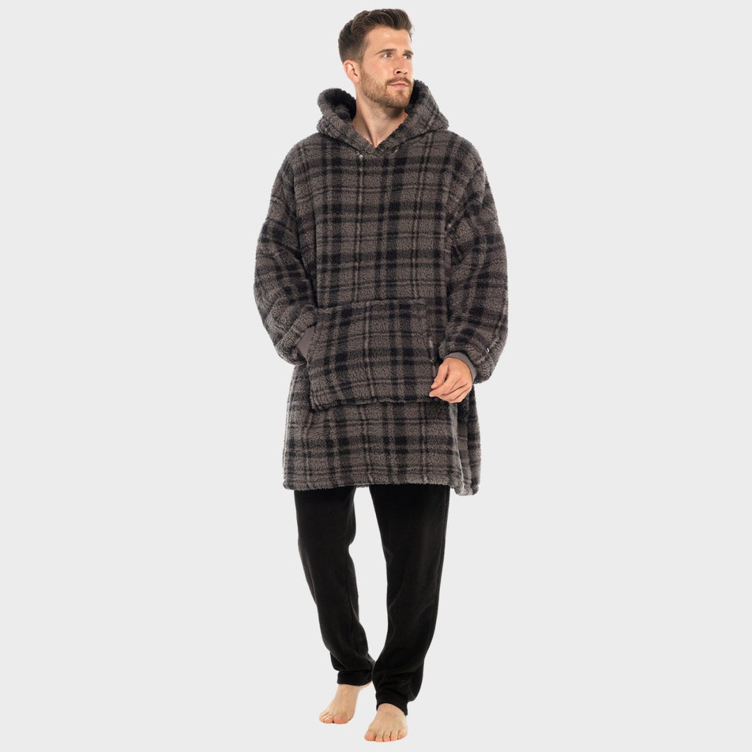 Mens Sherpa Snuggle Grey Checked Hoodie from You Know Who's