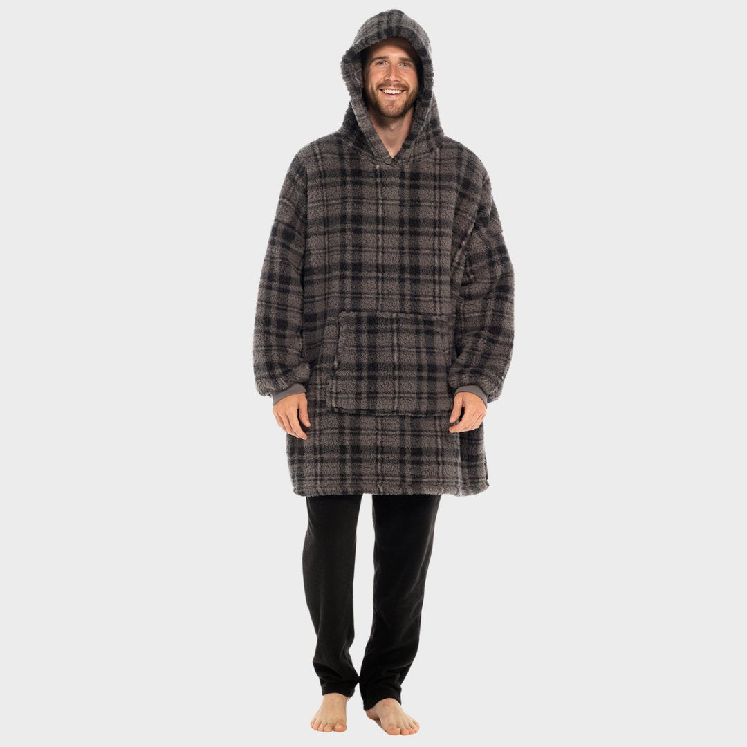 Mens Sherpa Snuggle Grey Checked Hoodie from You Know Who's