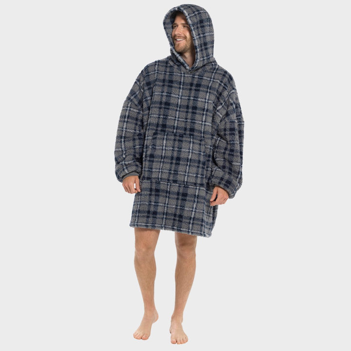 Mens Sherpa Snuggle Navy Checked Hoodie from You Know Who's