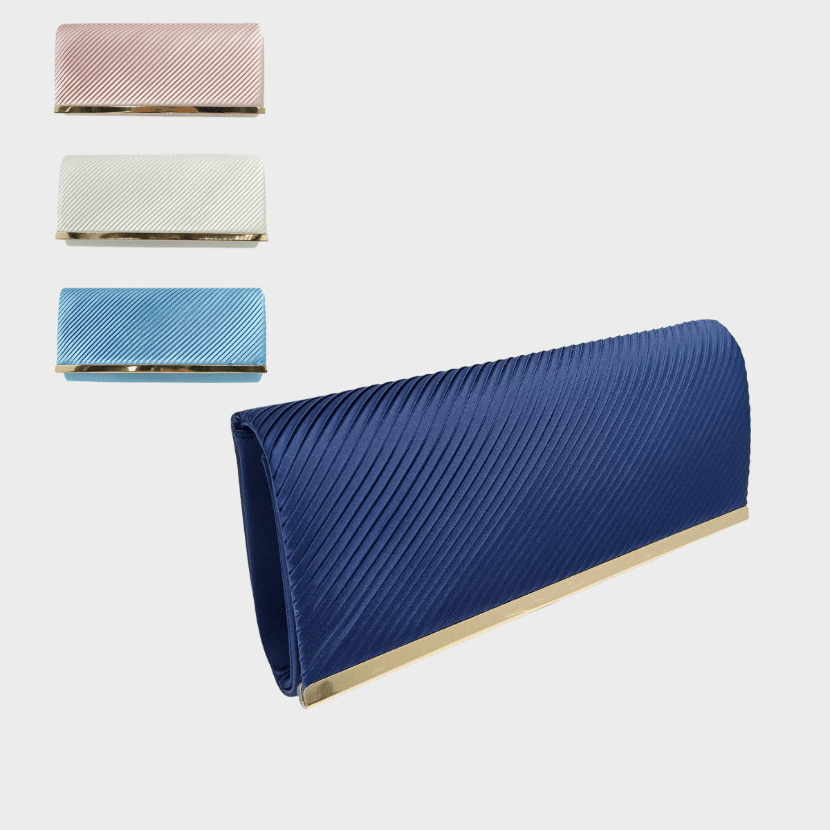Navy Satin Look Pleated Clutch Bag With Gold Trim from You Know Who's