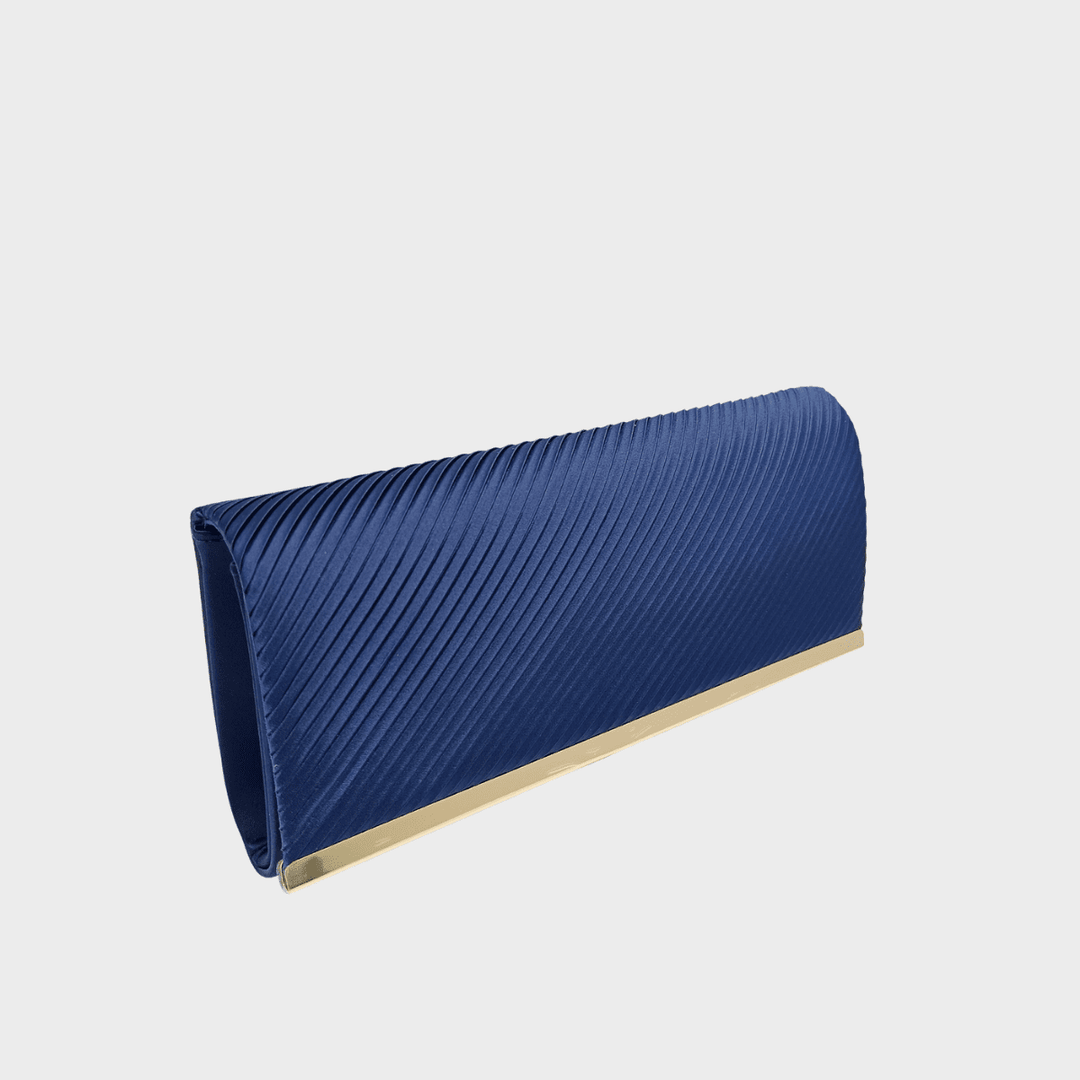 Navy Satin Look Pleated Clutch Bag With Gold Trim from You Know Who's