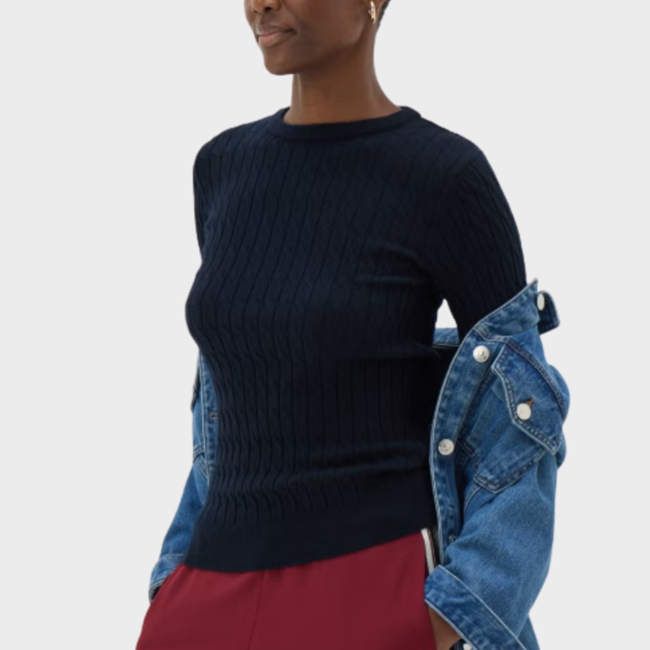 Ladies Navy Baby Cable Knit Jumper