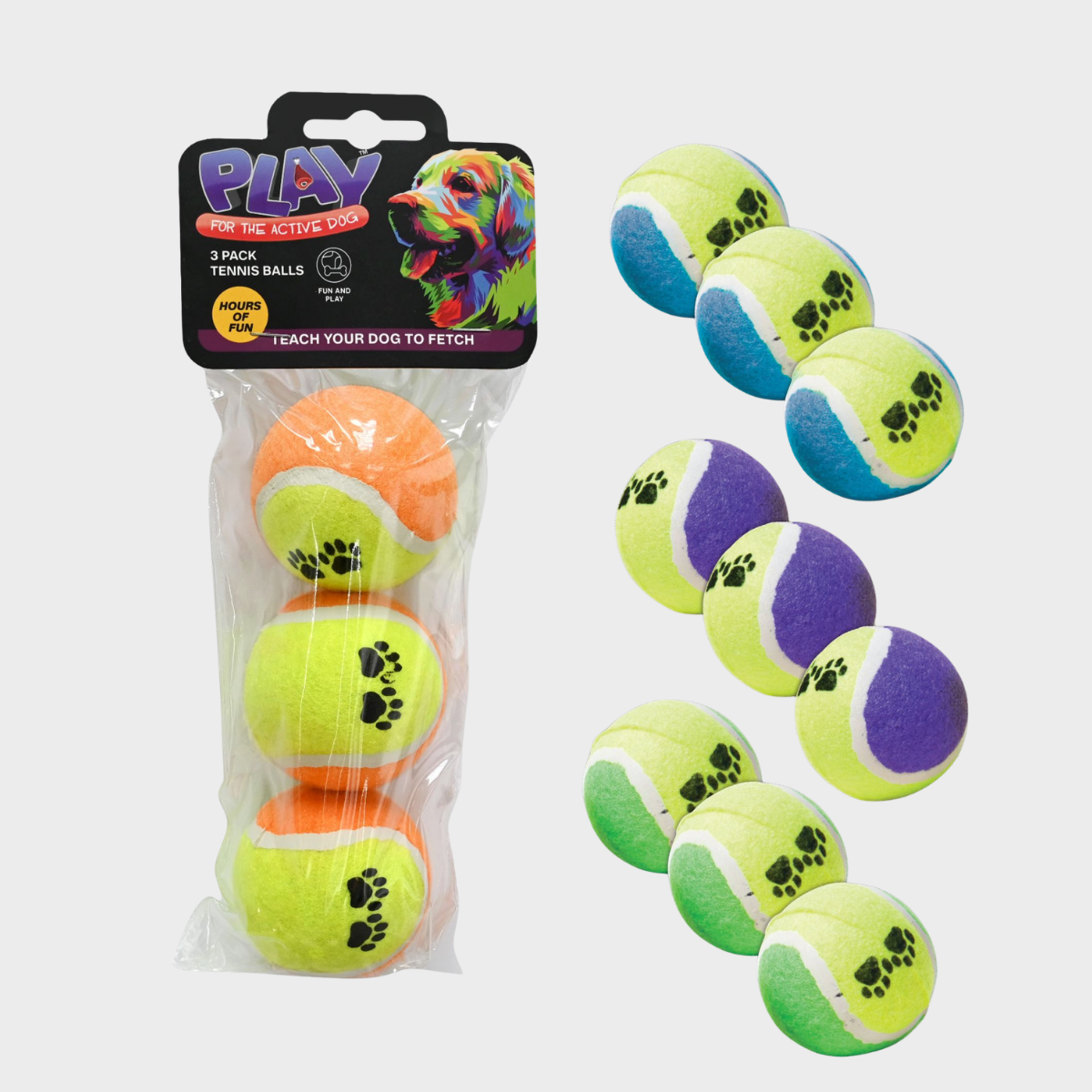 Pet Tennis Ball Paw Print 3 Pack Assorted Colours from You Know Who's
