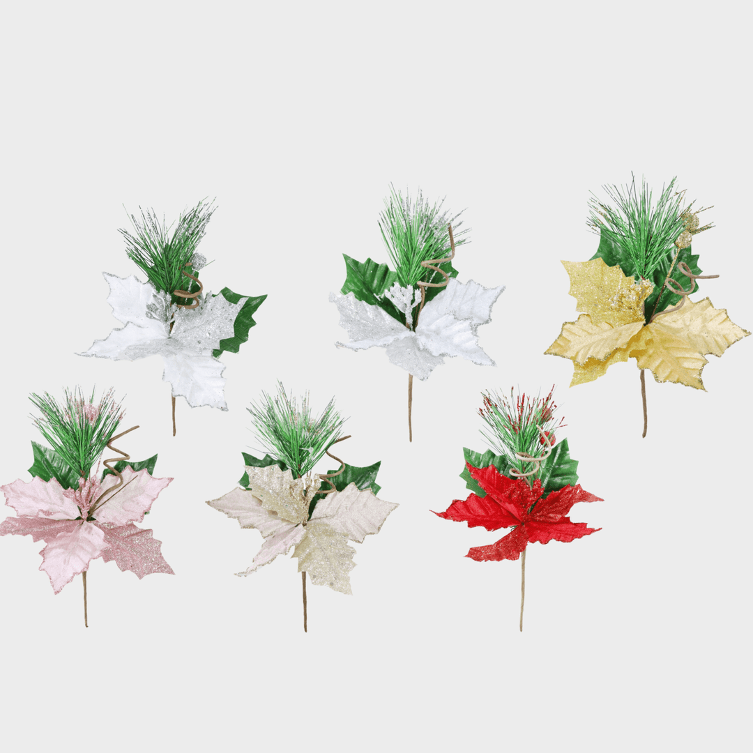 Poinsettia pick glitter 20cm asst from You Know Who's
