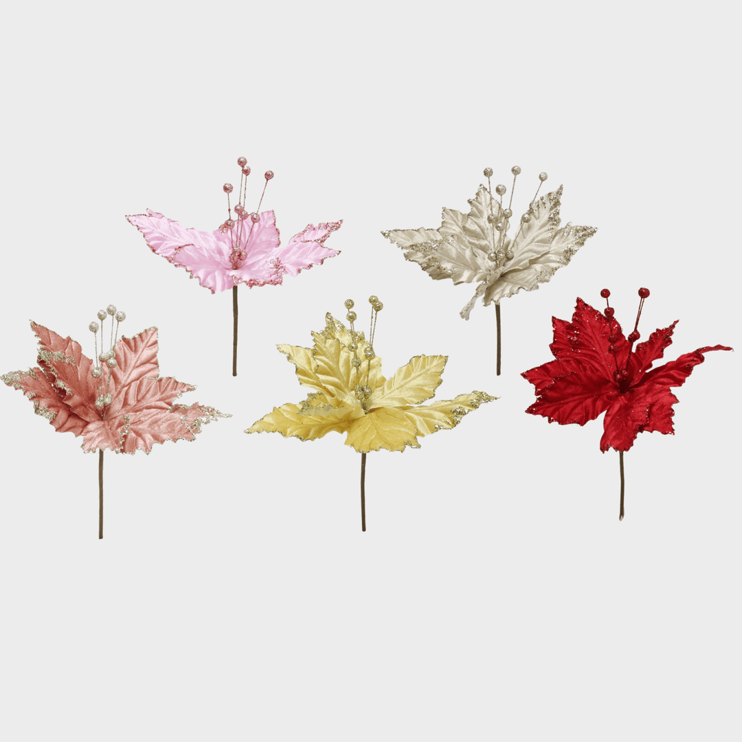 Poinsettia velvet glitter 22cm asst from You Know Who's